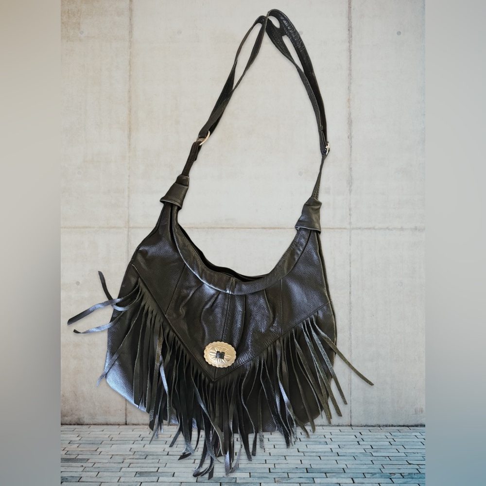 Black Leather Fringed Purse
